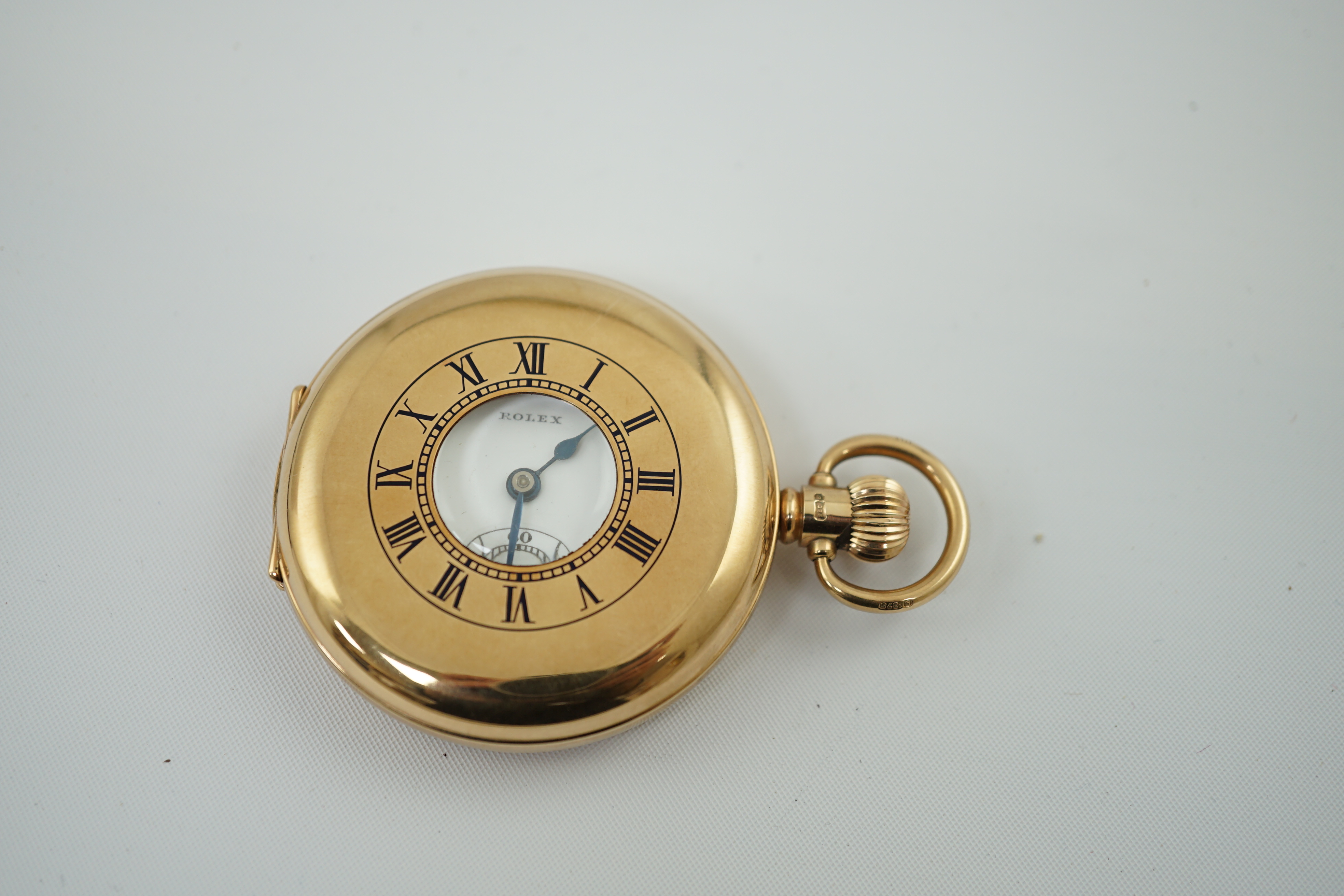 A George V 9ct gold Rolex keyless lever half hunter pocket watch